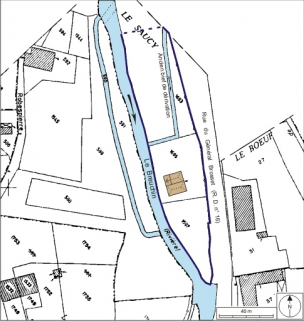 Plan-masse et de situation. Montage d'extraits de plans cadastraux numérisés, 2008, section H et WO, échelle 1:1250. Source : Direction générale des Finances Publiques - Cadastre ; mise à jour : 2008. © Région Bourgogne-Franche-Comté, Inventaire du patrimoine
