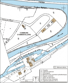 Plan-masse et de situation. Montage d'extraits de plans cadastraux numérisés, 2008, section A, 1:1250 et Ambiévillers, section AD, 1: 2000, le tout réduit à 1:1700. Source : Direction générale des Finances Publiques - Cadastre ; mise à jour : 2008. © Région Bourgogne-Franche-Comté, Inventaire du patrimoine