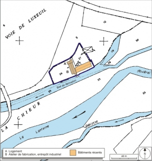 Plan-masse et de situation. Extrait du plan cadastral numérisé, 2008, section B, 1:1250 réduit à 1:2000. Source : Direction générale des Finances Publiques - Cadastre ; mise à jour : 2008. © Région Bourgogne-Franche-Comté, Inventaire du patrimoine