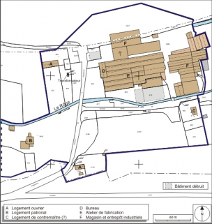 Plan-masse et de situation de l'usine. Extrait du plan cadastral numérisé, 2008, section B, 1:2500 agrandi à 1:2000. Source : Direction générale des Finances Publiques - Cadastre ; mise à jour : 2008. © Région Bourgogne-Franche-Comté, Inventaire du patrimoine