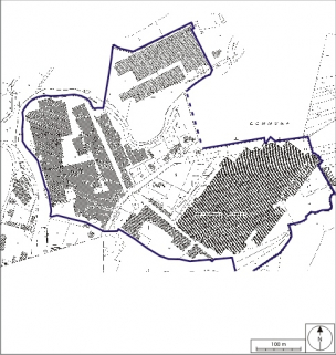 Plan-masse et de situation. Montage d'extraits de plans cadastraux, 2008, Saint-Loup-sur-Semouse, section AD et Magnoncourt, section A, l'ensemble ramené à 1:4200. Source : Direction générale des Finances Publiques - Cadastre ; mise à jour : 2008. © Région Bourgogne-Franche-Comté, Inventaire du patrimoine