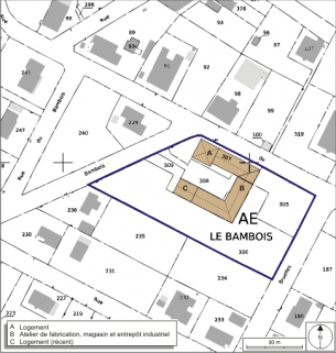 Plan-masse et de situation. Extrait du plan cadastral numérisé, 2008, section AE, 1:1000. Source : Direction générale des Finances Publiques - Cadastre ; mise à jour : 2008. © Région Bourgogne-Franche-Comté, Inventaire du patrimoine