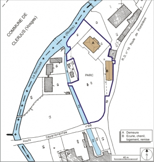 Plan-masse et de situation. Extrait du plan cadastral numérisé, 2008, section A, 1:1250 réduit à 1:1500. Source : Direction générale des Finances Publiques - Cadastre ; mise à jour : 2008. © Région Bourgogne-Franche-Comté, Inventaire du patrimoine