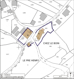 Plan-masse et de situation. Extrait du plan cadastral numérisé, 2008, section A, 1:2500 agrandi à 1:1000. Source : Direction générale des Finances Publiques - Cadastre ; mise à jour : 2008. © Région Bourgogne-Franche-Comté, Inventaire du patrimoine