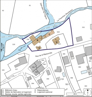 Plan-masse et de situation. Extrait du plan cadastral numérisé, 2008, section A, 1:1000. Source : Direction générale des Finances Publiques - Cadastre ; mise à jour : 2008. © Région Bourgogne-Franche-Comté, Inventaire du patrimoine