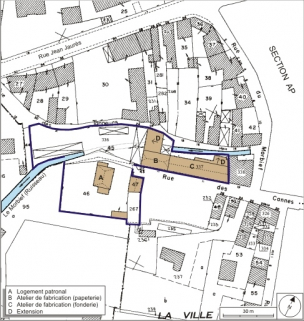 Plan-masse et de situation. Extrait du plan cadastral numérisé, 2008, section AX, 1:1000. Source : Direction générale des Finances Publiques - Cadastre ; mise à jour : 2008. © Région Bourgogne-Franche-Comté, Inventaire du patrimoine