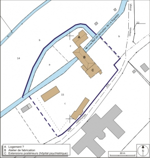 Plan-masse et de situation. Extrait du plan cadastral numérisé, 2008, section ZA, 1:2000 agrandi à 1:1000. Source : Direction générale des Finances Publiques - Cadastre ; mise à jour : 2008. © Région Bourgogne-Franche-Comté, Inventaire du patrimoine