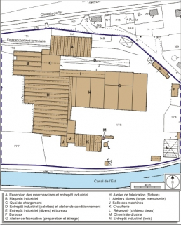 Plan-masse de l'usine. Extrait du plan cadastral numérisé, 2008, section B, 1:1250 réduit à 1:1500. Source : Direction générale des Finances Publiques - Cadastre ; mise à jour : 2008. © Région Bourgogne-Franche-Comté, Inventaire du patrimoine
