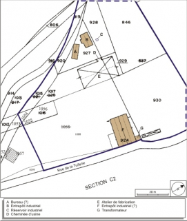 Plan-masse et de situation. Extrait du plan cadastral numérisé, 2008, section C, 1:1250 agrandi à 1:1000. Source : Direction générale des Finances Publiques - Cadastre ; mise à jour : 2008. © Région Bourgogne-Franche-Comté, Inventaire du patrimoine