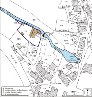 Plan-masse et de situation. Extrait du plan cadastral numérisé, 2008, section C, 1:1250 agrandi à 1:1000. Source : Direction générale des Finances Publiques - Cadastre ; mise à jour : 2008. © Région Bourgogne-Franche-Comté, Inventaire du patrimoine