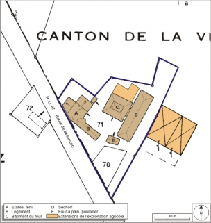 Plan-masse et de situation. Extrait du plan cadastral numérisé, 2008, section ZD, 1:2000 agrandi à 1:1000. Source : Direction générale des Finances Publiques - Cadastre ; mise à jour : 2008. © Région Bourgogne-Franche-Comté, Inventaire du patrimoine