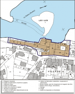 Plan-masse de l'usine. Extrait du plan cadastral numérisé, 2008, section AB, 1:1000 réduit à 1:1250. Source : Direction générale des Finances Publiques - Cadastre ; mise à jour : 2008. © Région Bourgogne-Franche-Comté, Inventaire du patrimoine