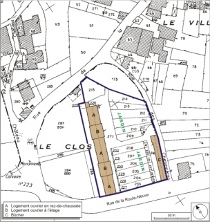 Plan-masse de la cité ouvrière. Extrait du plan cadastral numérisé, 2008, section AB, 1:1000. © Région Bourgogne-Franche-Comté, Inventaire du patrimoine