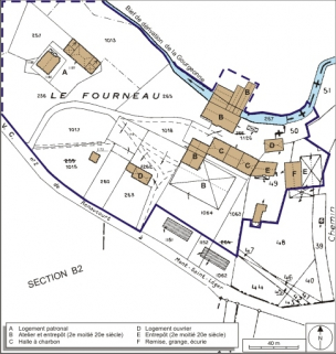 Plan-masse et de situation. Montage d'extraits de plans cadastraux numérisés, 2008, section B, 1:1250 et Mont-Saint-Léger, 2008, section ZA, 1:2000, le tout ramené à 1:1500. Source : Direction générale des Finances Publiques - Cadastre ; mise à jour… © Région Bourgogne-Franche-Comté, Inventaire du patrimoine