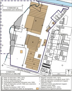 Plan-masse et de situation de l'usine Dollé. Extrait du plan cadastral numérisé, 2008, section H, 1:1250 réduit à 1:2000. Source : Direction générale des Finances Publiques - Cadastre ; mise à jour : 2008. © Région Bourgogne-Franche-Comté, Inventaire du patrimoine Plan-masse et de situation de l'usine Dollé. Extrait du plan cadastral numérisé, 2008, section H, 1:1250 réduit à 1:2000. Source : Direction générale des Finances Publiques - Cadastre ; mise à jour : 2008. © Région Bourgogne-Franche-Comté, Inventaire du patrimoine