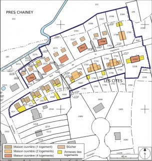 Plan-masse et de situation de la cité ouvrière. Extrait du plan cadastral numérisé, 2008, section B, 1:1250. Source : Direction générale des Finances Publiques - Cadastre ; mise à jour : 2008. © Région Bourgogne-Franche-Comté, Inventaire du patrimoine