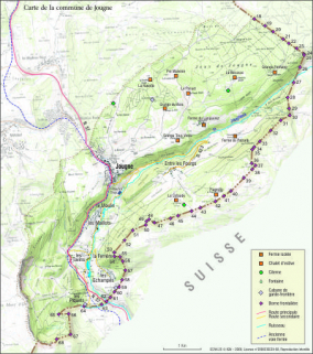 Carte de la commune de Jougne avec les bornes frontalières et les lieux-dits. © Région Bourgogne-Franche-Comté, Inventaire du patrimoine