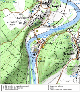 Carte de localisation : usine et bâtiments sociaux. SCAN 25 © IGN 2008, Licence n°2008CISE29-68. © Région Bourgogne-Franche-Comté, Inventaire du patrimoine