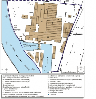 Plan-masse de l'usine. Extrait du plan cadastral numérisé, section AB, échelle 1/1750. Source : Direction générale des Finances Publiques - Cadastre ; mise à jour : 2009. © Région Bourgogne-Franche-Comté, Inventaire du patrimoine