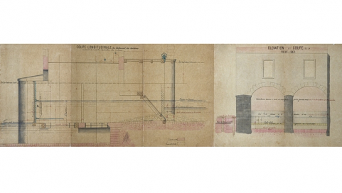 Coupe longitudinale du bâtiment des turbines et élévation et coupe de la prise d'eau. © Région Bourgogne-Franche-Comté, Inventaire du patrimoine