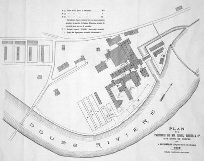 Plan de la papeterie de MM. Zuber et Rieder et Cie, dite usine de Torpes sise à Boussières (département du Doubs). © Région Bourgogne-Franche-Comté, Inventaire du patrimoine
