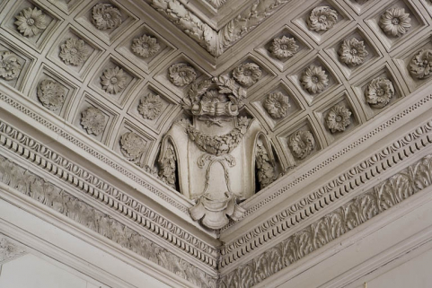 Hôtel en fond de cour, grand salon : détail d'un angle du plafond portant le monogramme L. © Région Bourgogne-Franche-Comté, Inventaire du Patrimoine