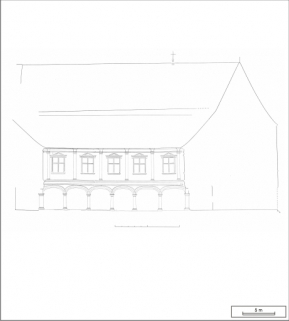 Restitution photogrammétrique de l' élévation de la façade est sur cour intérieure, avec coupe partielle. © Région Bourgogne-Franche-Comté, Inventaire du patrimoine Restitution photogrammétrique de l' élévation de la façade est sur cour intérieure, avec coupe partielle. © Région Bourgogne-Franche-Comté, Inventaire du patrimoine
