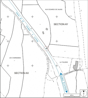 Plan de situation. Extrait du plan cadastral informatisé, 2008, sections AX et AY, échelle 1:2000. © Région Bourgogne-Franche-Comté, Inventaire du patrimoine