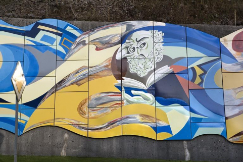 Emaillerie : oeuvre murale au long de la R.N. 5, détail : personnage lisant. © Région Bourgogne-Franche-Comté, Inventaire du patrimoine Emaillerie : oeuvre murale au long de la R.N. 5, détail : personnage lisant. © Région Bourgogne-Franche-Comté, Inventaire du patrimoine