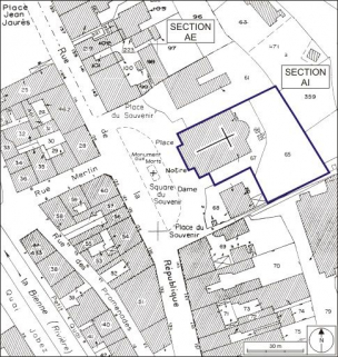 Plan-masse et de situation. Extrait du plan cadastral, 1980, sections AI et AE, échelle 1:1000. © Région Bourgogne-Franche-Comté, Inventaire du patrimoine