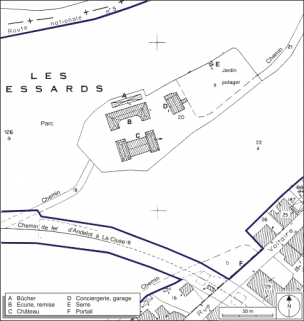 Plan-masse. Extrait du plan cadastral, 1980, section AB, échelle 1:1000. © Région Bourgogne-Franche-Comté, Inventaire du patrimoine