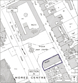 Plan-masse et de situation. Extrait du plan cadastral, 1980, section AI, échelle 1:1000. © Région Bourgogne-Franche-Comté, Inventaire du patrimoine Plan-masse et de situation. Extrait du plan cadastral, 1980, section AI, échelle 1:1000. © Région Bourgogne-Franche-Comté, Inventaire du patrimoine