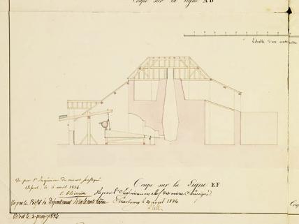 Coupes et élévations du fourneau et des patouillets de Vauconcourt [coupe du haut fourneau]. © Région Bourgogne-Franche-Comté, Inventaire du patrimoine
