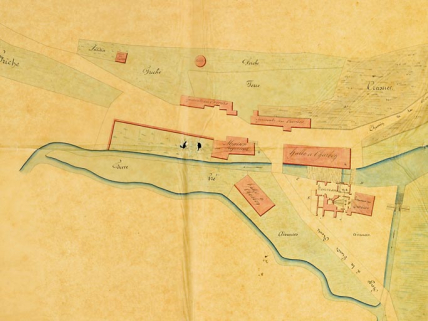Plan du fourneau de Vauconcourt et de ses dépendances [détail de l'usine]. © Région Bourgogne-Franche-Comté, Inventaire du patrimoine