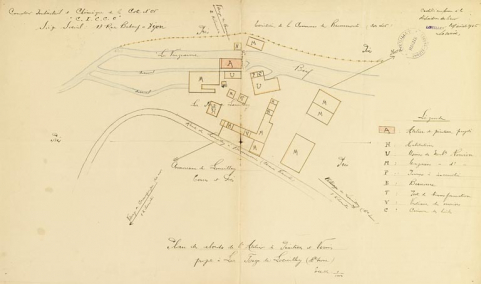Plan des abords de l'atelier de peintures et vernis projeté à la Forge de Loeuilley [Plan-masse de l'usine]. © Région Bourgogne-Franche-Comté, Inventaire du patrimoine