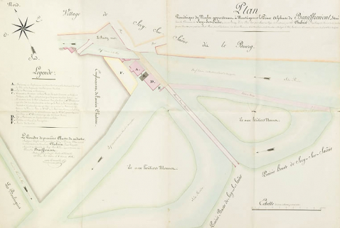 Plan géométrique du moulin appartenant à M. le prince Alphonse de Bauffremont [...] plan levé pour servir au projet de construire par M.Chalmin, fermier dudit moulin, 4 moulins, mus par une seule roue, dans l'emplacement des 3 moulins [...]. © Région Bourgogne-Franche-Comté, Inventaire du patrimoine