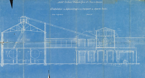 MM. Outhenin-Chalandre Fils et Cie. Usine de Seveux. Installation de dépoussiérage et de transport du sparte haché, coupe longitudinale. © Région Bourgogne-Franche-Comté, Inventaire du patrimoine