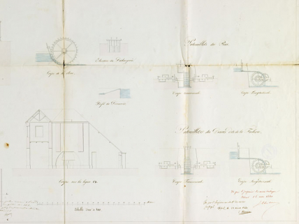 Plan, coupes et élévation du fourneau et des patouillets de Renaucourt [...] [coupe du haut fourneau et des patouillets] © Région Bourgogne-Franche-Comté, Inventaire du patrimoine