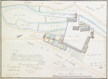 Plan des bâtiments [...], appartenant à monsieur Jobard [...] indiquant par des hachures rouges l'emplacement d'un haut fourneau qu'il se propose de construire [...]. © Région Bourgogne-Franche-Comté, Inventaire du patrimoine