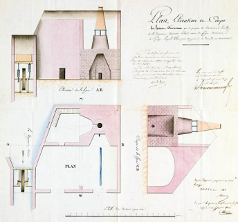 Plan, élévation et coupe du haut fourneau que se propose de construire à Loeuilley, sur la Vingeanne, monsieur Jobard [...]. © Région Bourgogne-Franche-Comté, Inventaire du patrimoine