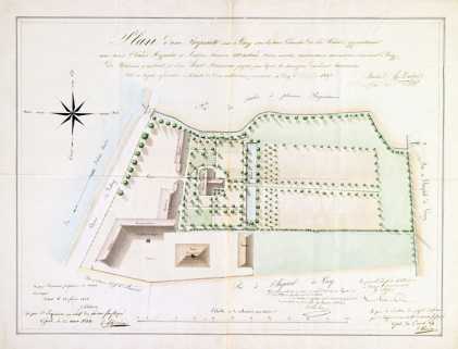 Plan d'une propriété, sise à Gray sur la rive gauche de la Saône, appartenant à Claude Hyppolite et Antoine François Marland [...] des bâtiments y existant et d'un haut fourneau projeté [...]. © Région Bourgogne-Franche-Comté, Inventaire du patrimoine