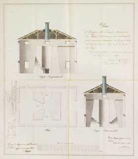 Plan et coupes pour la demande en construction d'un haut fourneau que les frères Marland associés, constructeurs mécaniciens, ont le projet d'établir dans leur propriété, sise à Gray, sur la rive gauche de la Saône. © Région Bourgogne-Franche-Comté, Inventaire du patrimoine