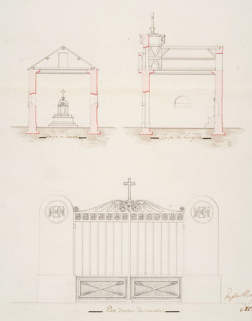 [Détail du plan général] Coupe en travers.Coupe en longueur.Porte d'entrée du cimetière. © Région Bourgogne-Franche-Comté, Inventaire du patrimoine