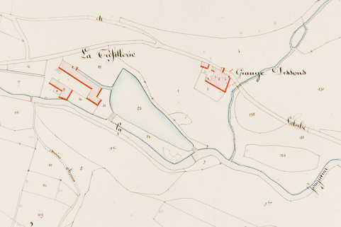 Section C de la Ferrière en trois feuilles, 2e feuille [plan cadastral : détail de la partie centrale en haut, Grange Dessous et "Tréfillerie"], 1839. © Région Bourgogne-Franche-Comté, Inventaire du patrimoine