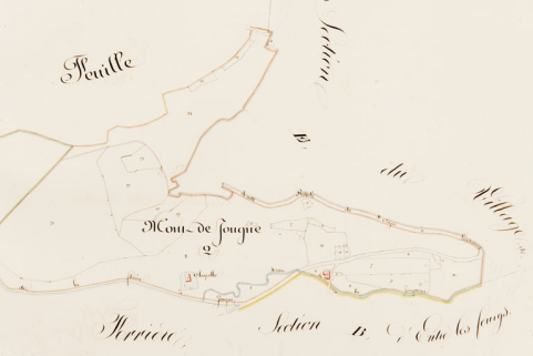 Plan masse et de situation. Extrait du plan cadastral, 1839, section D, échelle 1:4000 © Région Bourgogne-Franche-Comté, Inventaire du patrimoine Plan masse et de situation. Extrait du plan cadastral, 1839, section D, échelle 1:4000 © Région Bourgogne-Franche-Comté, Inventaire du patrimoine
