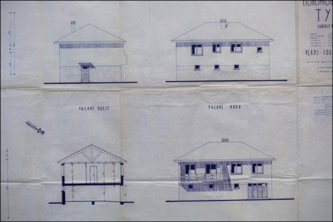 Maison individuelle économique et familiale type F5. Plans - coupe et façades, 1954. © Région Bourgogne-Franche-Comté, Inventaire du patrimoine