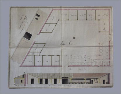 Plan des halles [avec coupe et élévation partielles], vers 1830 ? © Région Bourgogne-Franche-Comté, Inventaire du patrimoine