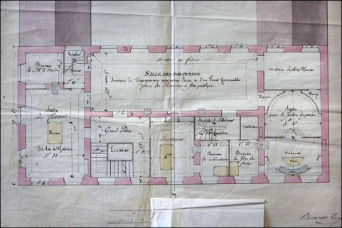 Plan de l'hôtel de ville de Morez à construire au dessus de la halle [détail de l'étage (rabat de l'entresol levé)], 1817. © Région Bourgogne-Franche-Comté, Inventaire du patrimoine