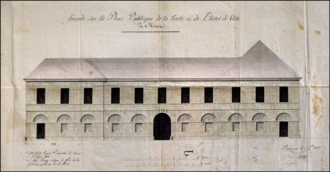 Façade sur la place publique de la halle et de l'hôtel de ville de Morez, 1817. © Région Bourgogne-Franche-Comté, Inventaire du patrimoine Façade sur la place publique de la halle et de l'hôtel de ville de Morez, 1817. © Région Bourgogne-Franche-Comté, Inventaire du patrimoine
