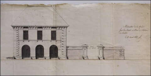 Minutte de la façade sur la route et mur de clôture des halles, 1813. © Région Bourgogne-Franche-Comté, Inventaire du patrimoine Minutte de la façade sur la route et mur de clôture des halles, 1813. © Région Bourgogne-Franche-Comté, Inventaire du patrimoine